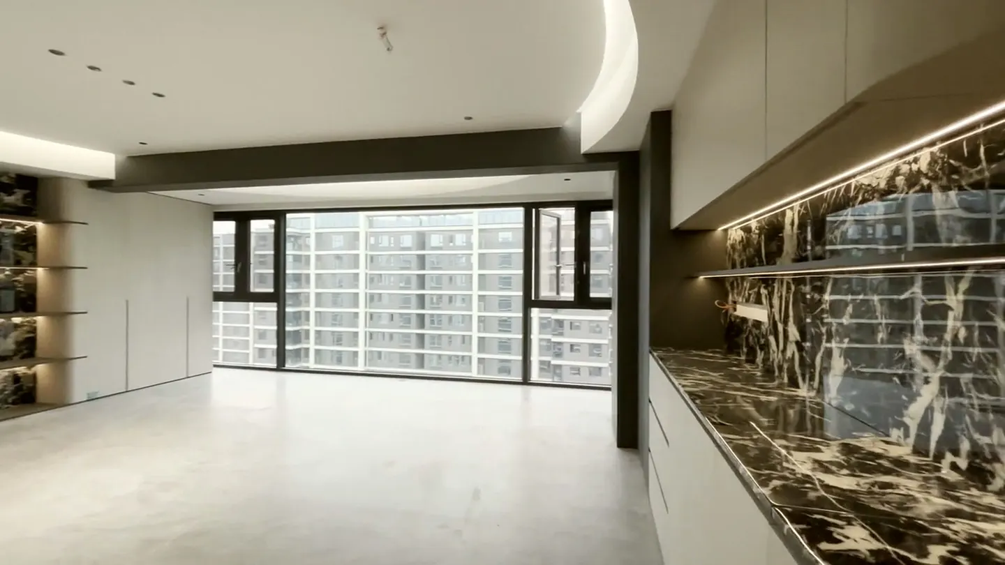 Penthouse with marble kitchen and cove ceiling